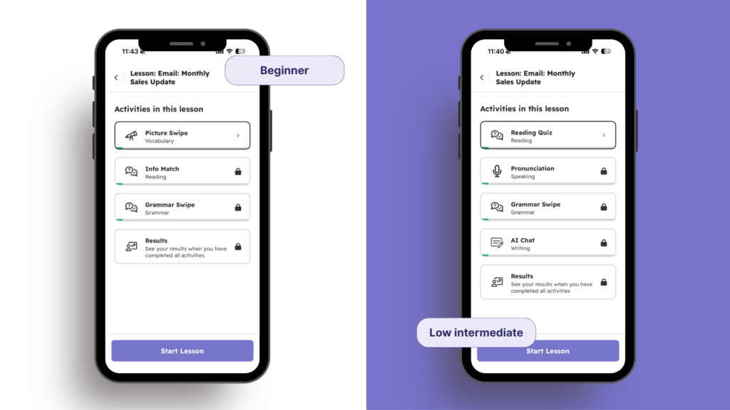 Ruta adaptativa de aprendizaje de idiomas impulsada por IA en la plataforma Voxy