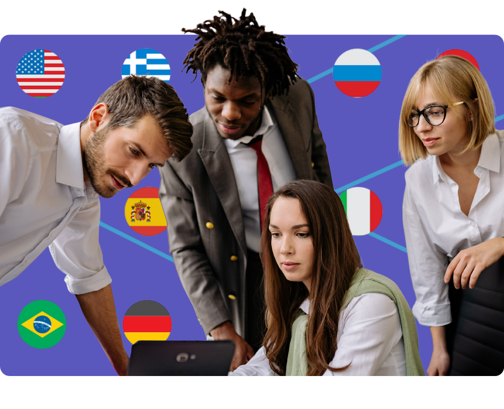Finance team in a meeting with a lot of different flags in the background