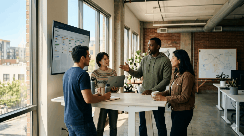 Distributed engineering team practicing English for tech teams in a sprint stand-up